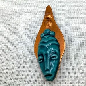 Vintage Elzac Artistic Copper and Ceramic Mask Pendant